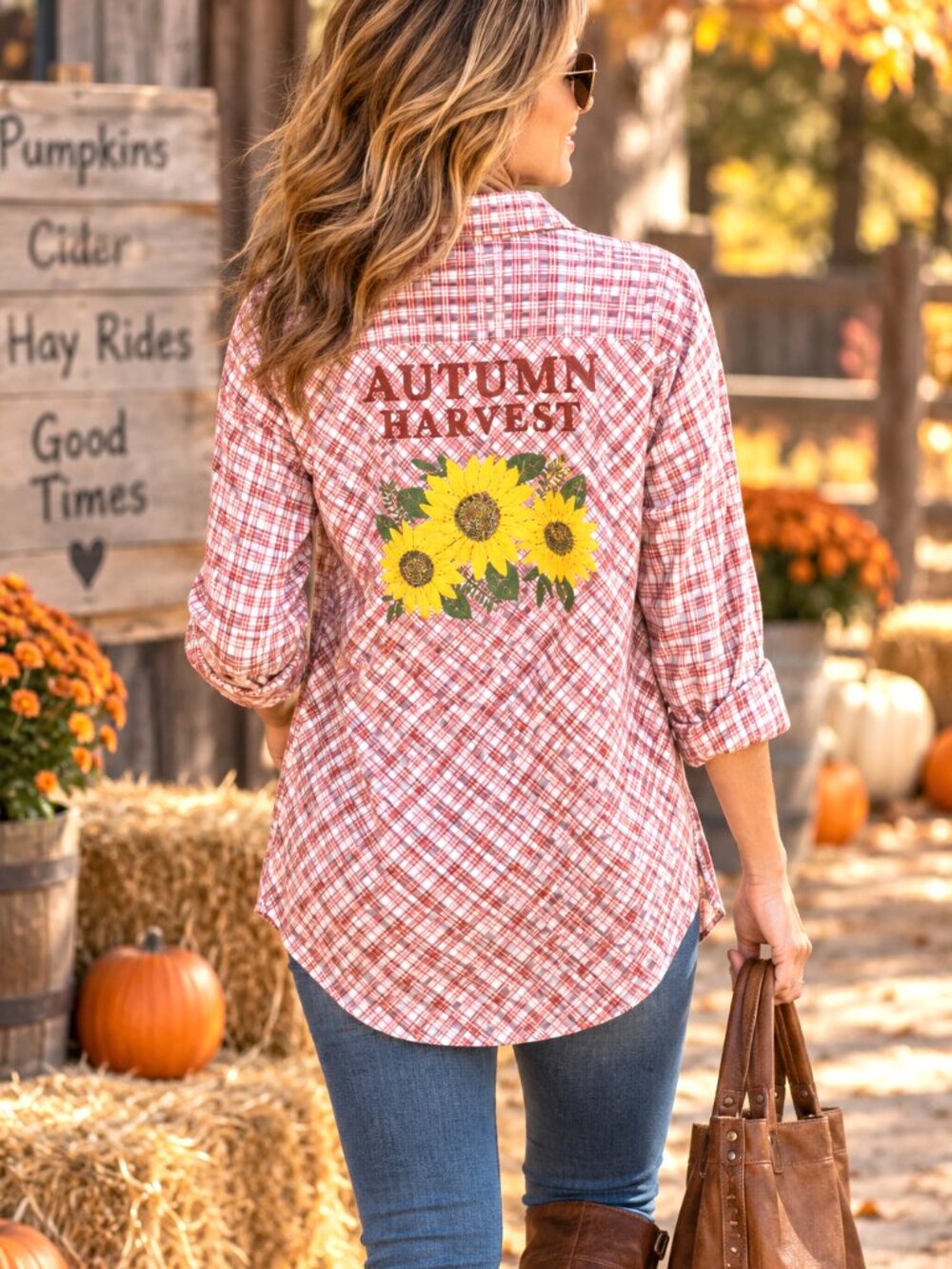 Painted Shirt Autumn Colors Upcycled, Fall Harvest Sunflowers Size Large Slim